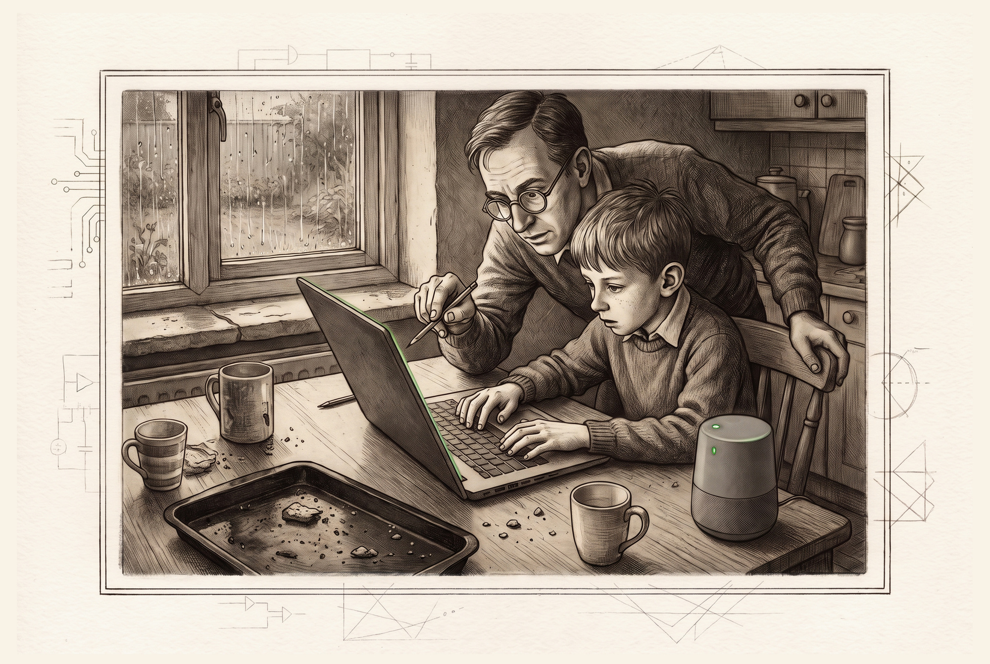 Elias Venn and eleven-year-old Raymond sit at a cluttered rain-darkened kitchen table beside a laptop, burnt tray and jammed cuff.