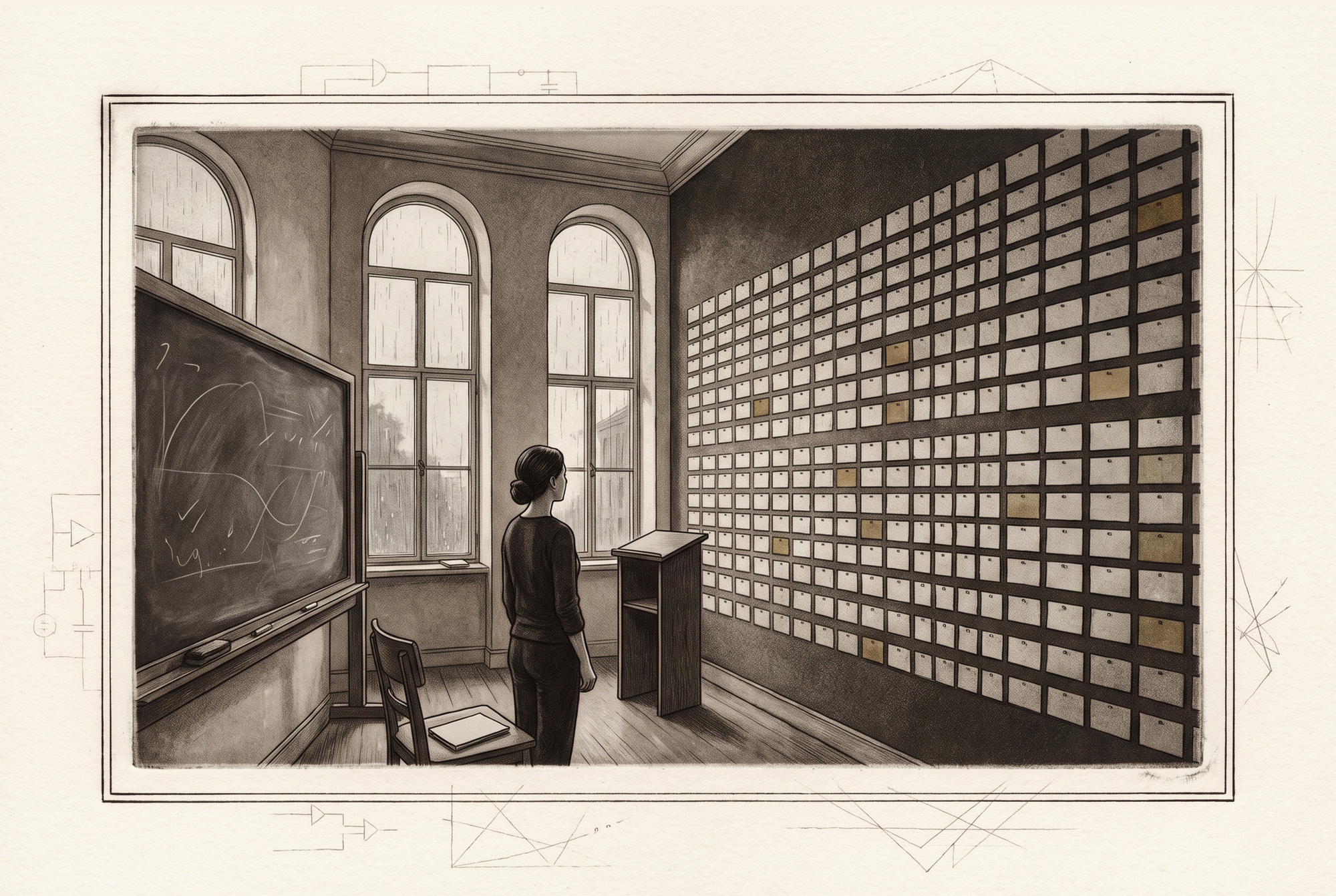 Young Mara stands alone in a grey seminar room before a wall of accumulating result certificates, with an unfinished chalk argument and closed notebook nearby.