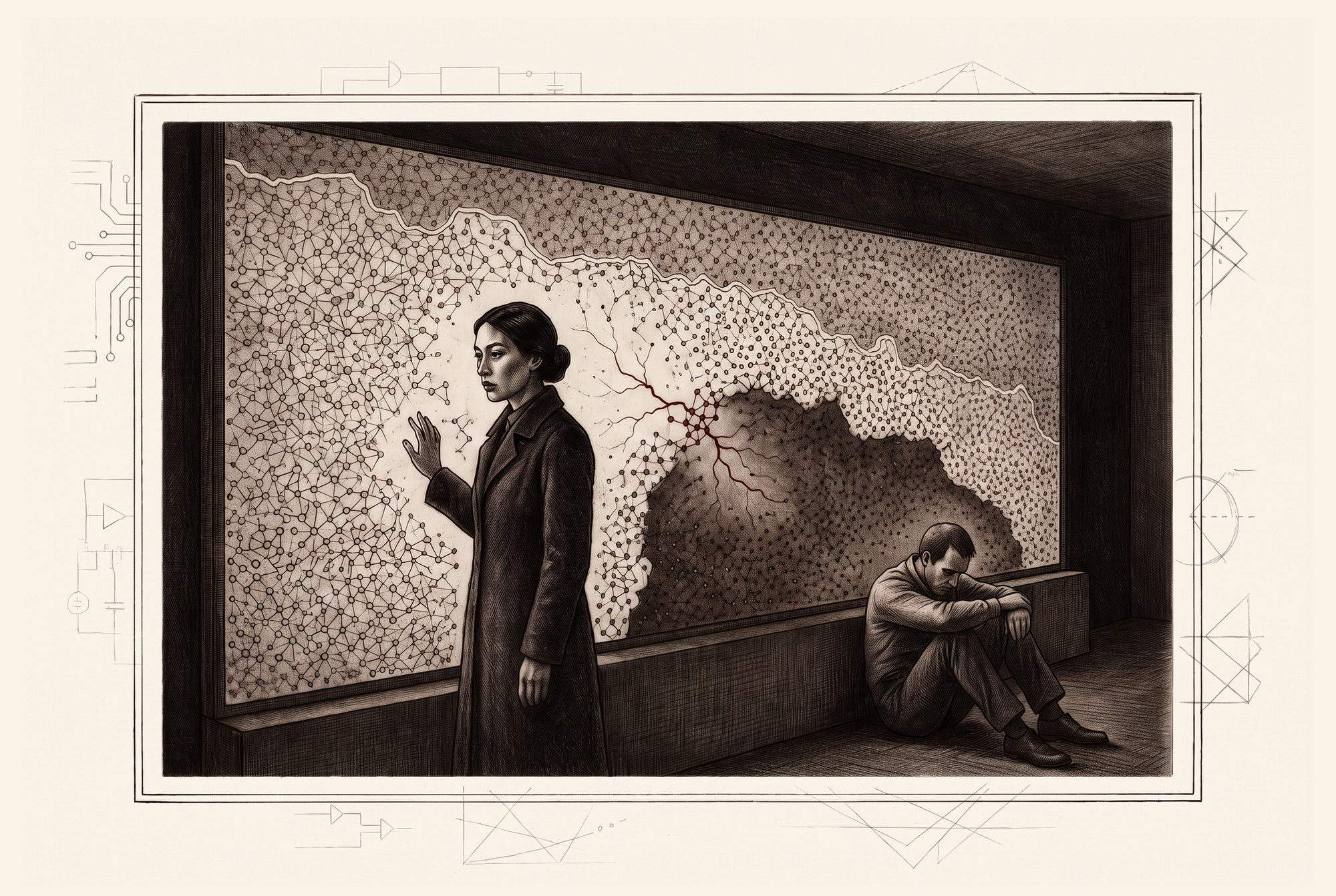 Mara and Ivo Chen stand before the wall-sized Frontier Ledger as a large verified region changes state, with several model gateways feeding it from the margins.