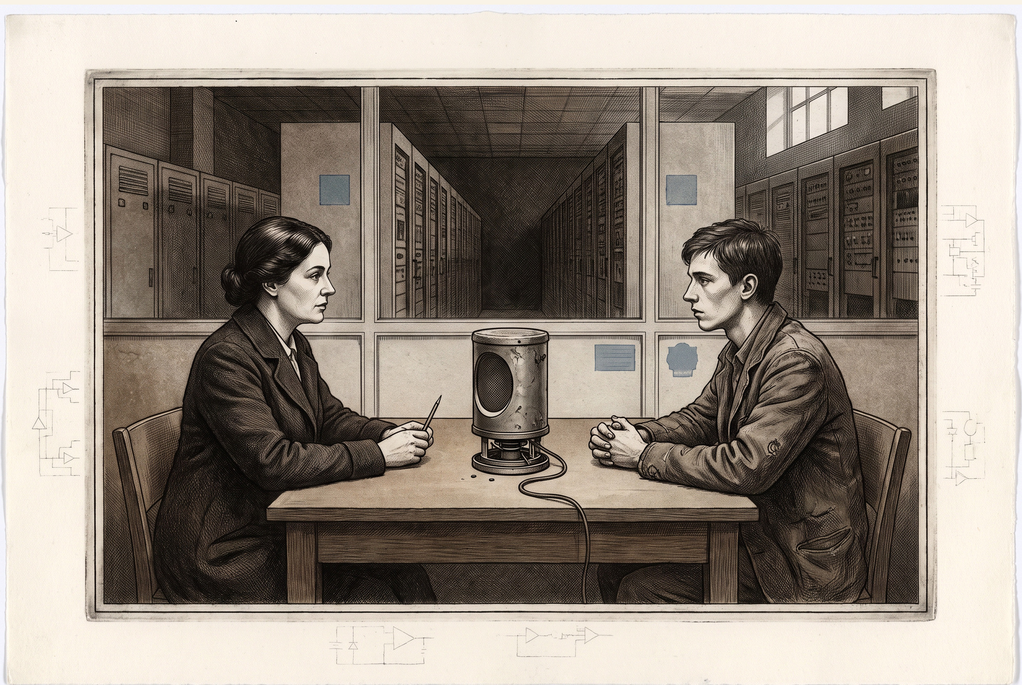 Mara and nineteen-year-old Raymond sit in an austere audit room with the obsolete household assistant on the table and open-weight migration infrastructure waiting behind them.